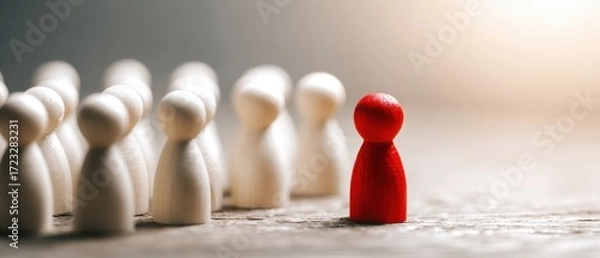 Obraz The Red Pawn Standing Before a Line of White Wooden Figurines Signifying Leadership
