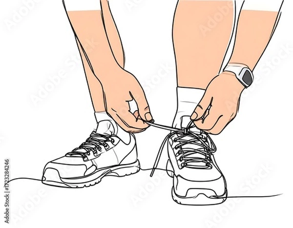 Fototapeta Person tying running shoes.  Continuous line drawing