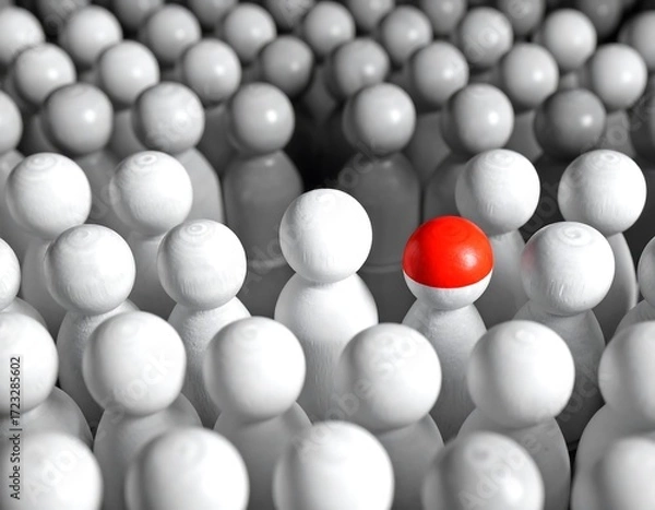 Fototapeta Single red figurine amidst many white