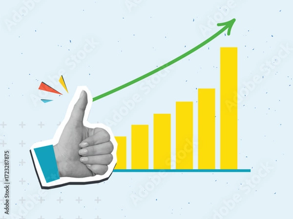 Fototapeta Black and white hand with a thumbs up gesture near a 
growth chart. Modern photo collage style. Vector illustration