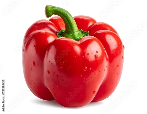 Fototapeta Single, vibrant red bell pepper, glistening with water droplets