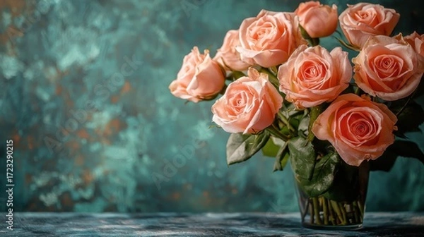 Fototapeta A beautiful arrangement of peach roses sits on a wooden table, showcasing their delicate petals against a textured turquoise background, emphasizing elegance and joy.