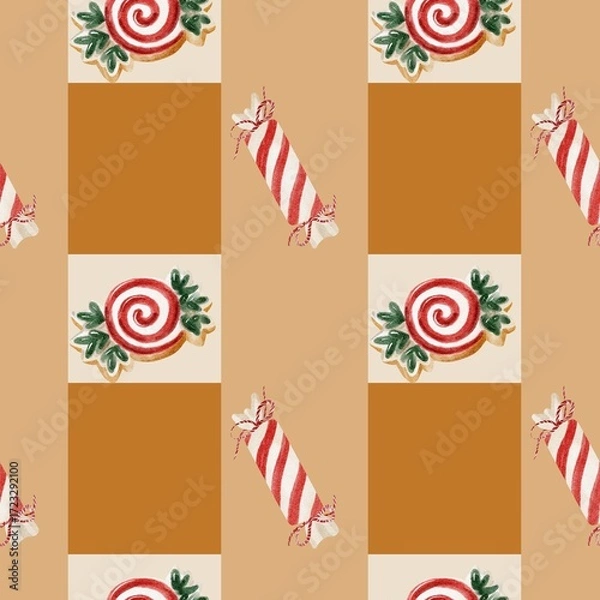 Fototapeta Seamless Christmas pattern with gingerbread cookies bows and candy canes festive holiday background with decorative linear design