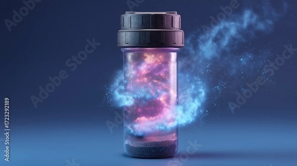Fototapeta Gym shaker transforming into a magical potion bottle, glowing powder swirling inside, horizontal composition