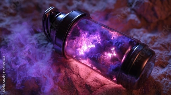 Fototapeta Gym shaker transforming into a magical potion bottle, glowing powder swirling inside, horizontal composition
