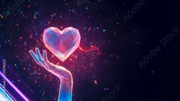 Fototapeta Crystal diamond heart symbol held in human hand with sparkling particles and magical bokeh effects representing gratitude and appreciation. Background beautiful concept