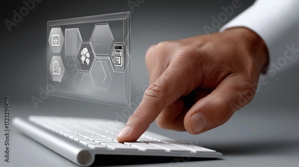 Obraz Interactive Technological Interface: A finger interacts with a futuristic holographic interface, a sleek keyboard sits below.