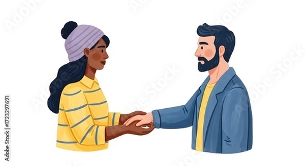 Fototapeta Diverse Man and Woman Shaking Hands, Symbolizing Agreement, Partnership, and Collaboration
