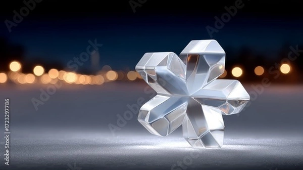 Fototapeta Illuminated snowflake glow sculpture outdoor night scene abstract design serene environment close-up view