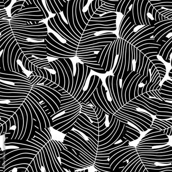 Fototapeta Abstract natural floral seamless pattern. Foliage background: minimal organic leaves. Tropical wallpaper with striped monstera leaves. Vector minimalist illustration for textile fabric print design