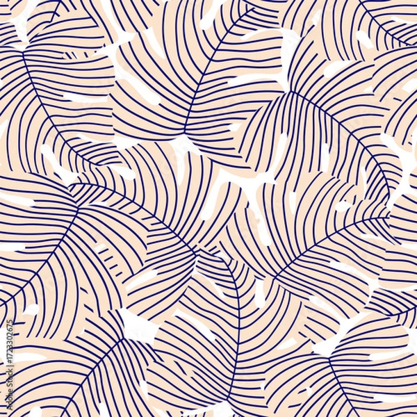 Fototapeta Abstract natural floral seamless pattern. Foliage background: minimal organic leaves. Tropical wallpaper with striped monstera leaves. Vector minimalist illustration for textile fabric print design