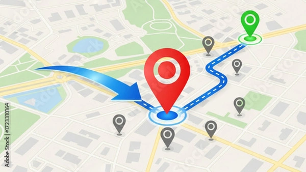 Fototapeta Dynamic route planning with vibrant location pins and directional arrows on a detailed city map, guiding your journey effectively.