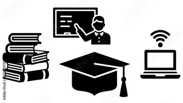Fototapeta Inspiring education icons including books, teacher, graduation cap, and laptop symbolizing learning and knowledge acquisition for modern students.