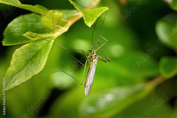 Obraz Gefleckte Wiesenschnake (Nephrotoma appendiculata) hängt an hellgrünen Blättern in einem Busch im Frühling - Baden-Württemberg, Deutschland