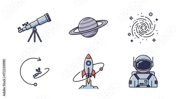 Fototapeta Explore the cosmos with dynamic icons depicting a telescope, Saturn, galaxy, satellite, rocket launch, and astronaut for science and discovery projects