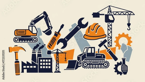 Fototapeta Dynamic construction scene showcasing heavy machinery, tools, safety gear, and industrial elements in a modern graphic style for industry themes.