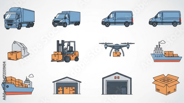 Fototapeta Dynamic logistics icons showcasing modern transport, delivery, and warehousing solutions for efficient global commerce and supply chain operations.