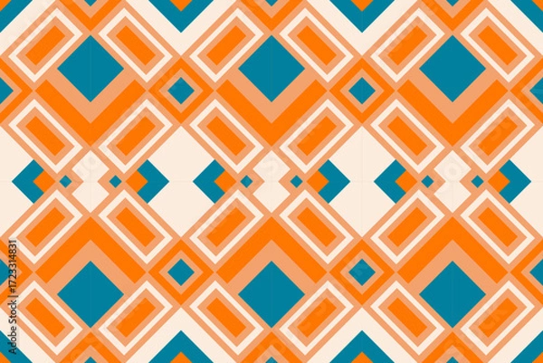 Fototapeta Colorful geometric ethnic seamless pattern with traditional tribal ornaments in orange, teal, and white. Perfect for textile design, fabric prints, wallpapers, and decorative backgrounds.