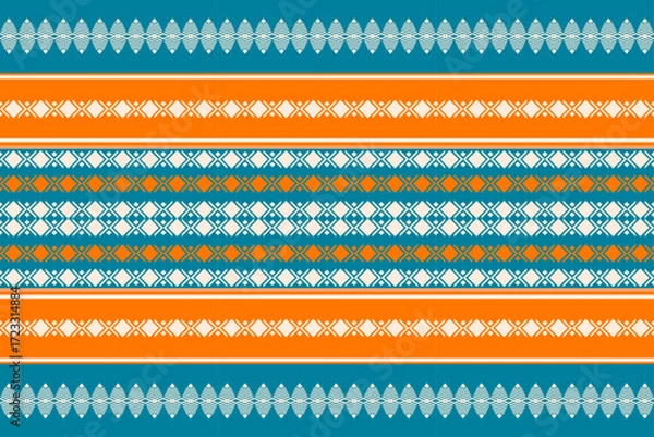 Fototapeta Colorful geometric ethnic seamless pattern with traditional tribal ornaments in orange, teal, and white. Perfect for textile design, fabric prints, wallpapers, and decorative backgrounds.