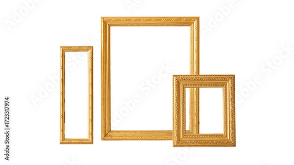 Fototapeta Three Ornate Gold Picture Frames Of Different Sizes On Black Background photo frame decorative