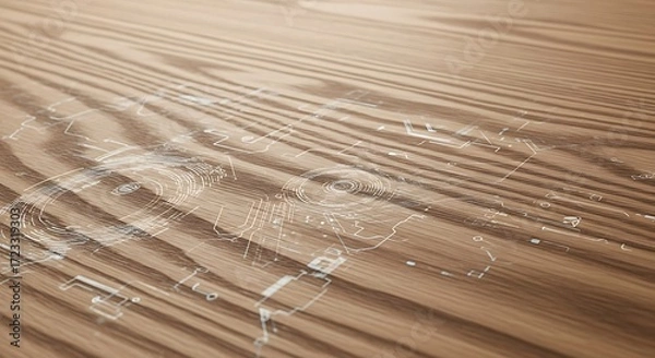 Fototapeta Water droplets on a wooden surface with visible grain.