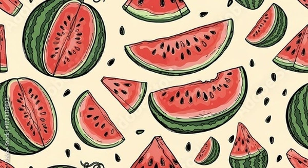 Fototapeta Watermelon slices and whole fruit seamless pattern illustration.