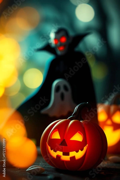 Fototapeta Halloween pumpkin with ghost on bokeh background, holiday concept