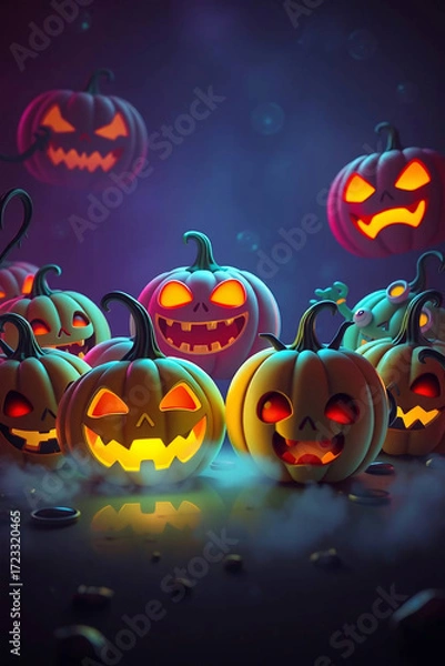 Fototapeta Halloween pumpkins and funny monsters in neon light, 3D rendering.