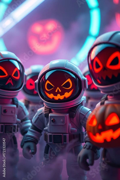 Fototapeta Modern design, tight close-up shot of Spooky Halloween Astronauts and Pumpkin Characters in Neon Fog