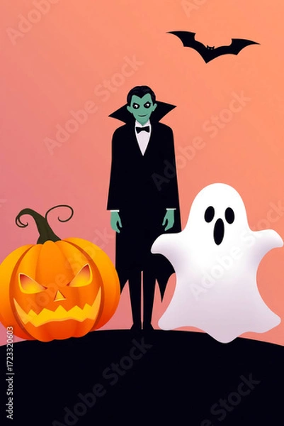 Fototapeta Halloween background with a vampire, ghost and pumpkin. Vector illustration.