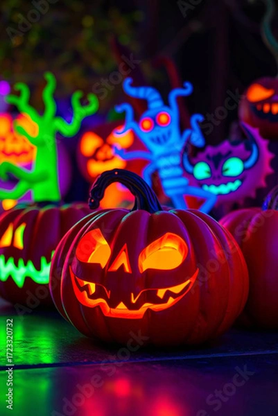 Fototapeta Halloween pumpkins and funny monsters in neon light, rendered in 3d with glowing bioluminescent colors