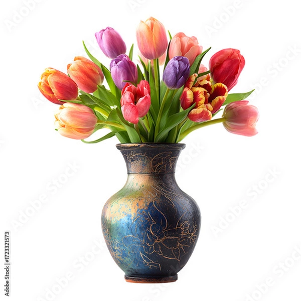 Fototapeta Tulips in Decorative Vase, isolated on transparent background PNG
