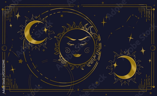 Obraz Astrological celestial banner with frame. Crescent sun and stars astro mystical design. 
