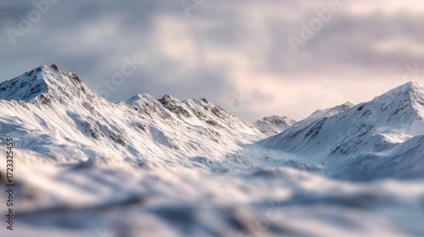 Fototapeta beautiful, snow-covered mountains in a low-angle shot with a tilt-shift effect, close-up