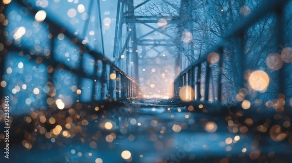Fototapeta Soft-focus enchanted winter bridge under aurora sky, scattered glowing lights, abstract dreamy composition, wide cinematic backdrop