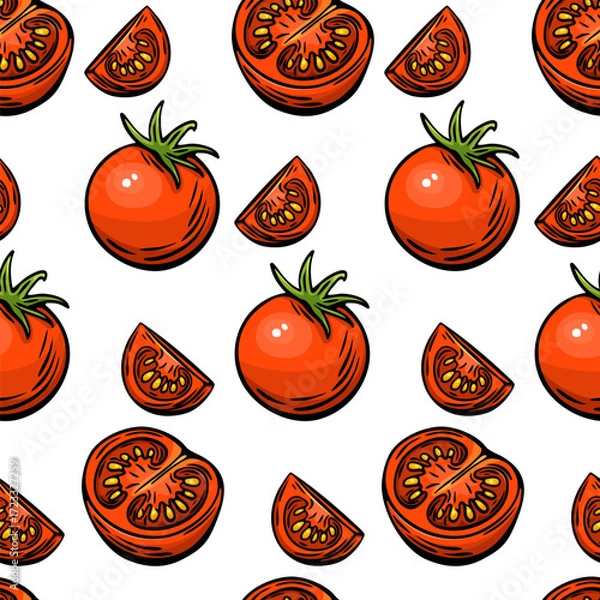 Fototapeta Seamless tomato pattern in Mediterranean engraving sketch style