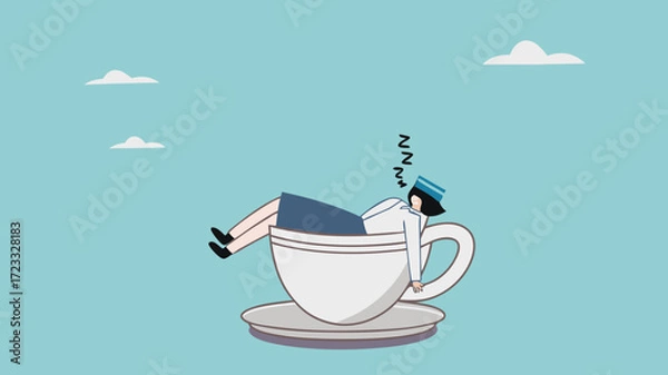 Obraz businesswoman fast asleep in a large coffee cup vector illustration. time to take a break concept. coffee break time to relax and refresh from long stress. exhausted worker relaxing in big coffee cup