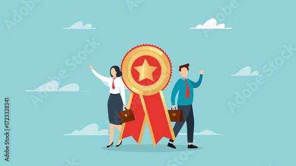 Obraz Professional or expert, success employee and win award, employee of the month, best office worker, specialist skill to achieve goal, success professional businessman and woman stand with star award
