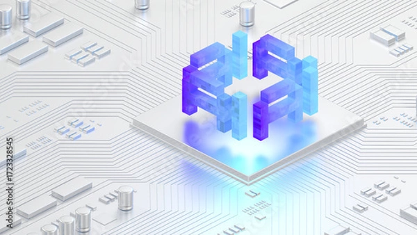 Fototapeta AI chip. Chip on circuit board. Technology background. Artificial intelligence. 3d illustration.