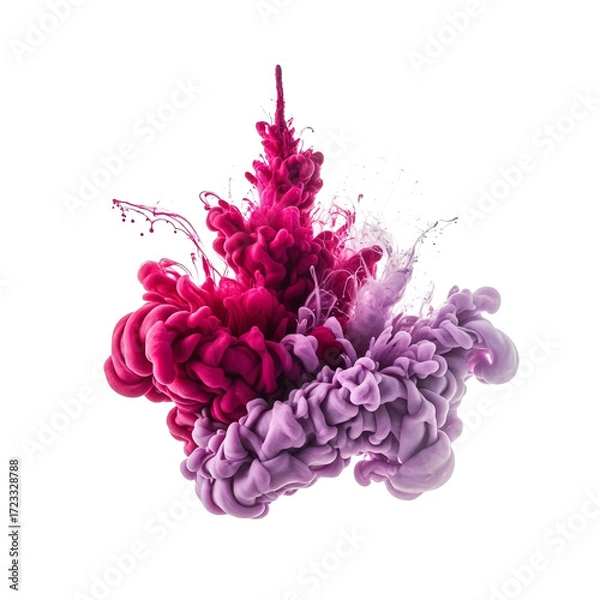 Fototapeta Closeup of vibrant pink and purple ink swirling in water, creating an abstract and mesmerizing pattern isolated on white background