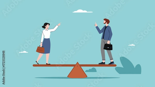 Obraz gender equality, Equal Rights of Men and Women, workplace fairness, fairness regarding the diversity of company employees, man and woman standing on a seesaw with equal balance