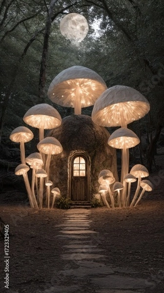 Fototapeta Realistic haunted house in a forest covered with oversized glowing mushrooms, spooky moonlight atmosphere.