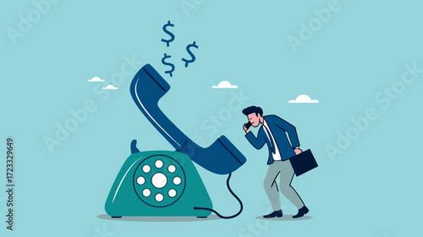 Obraz Telephone call to generate lead or sales, telemarketing strategy to promote product or service, Customer follow-up via telephone to increase sales, sales agent talk in phone call with dollar symbol