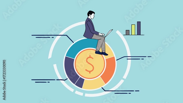 Obraz investment pie chart asset allocation, money allocation for diversification, budget percentage distribution, businessman sitting on gold coins with financial pie chart while allocating budget