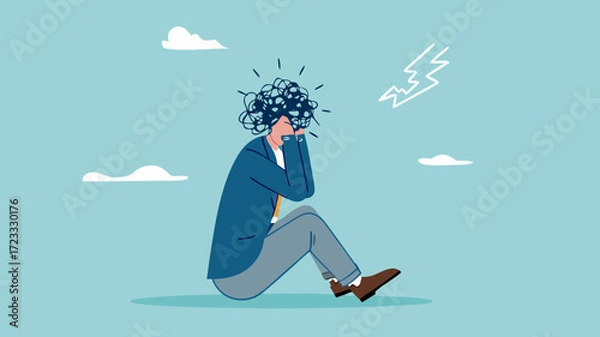 Obraz stress or anxiety, overthinking or mental exhaustion or negative emotional, depressed or top much worried, businessman overload to thinking about business with mess head