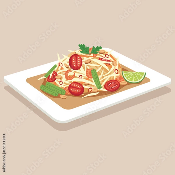 Fototapeta vector flat color of Som Tum spicy Thai green papaya salad topped with tomatoes, green beans, peanuts, shrimp, lime wedge