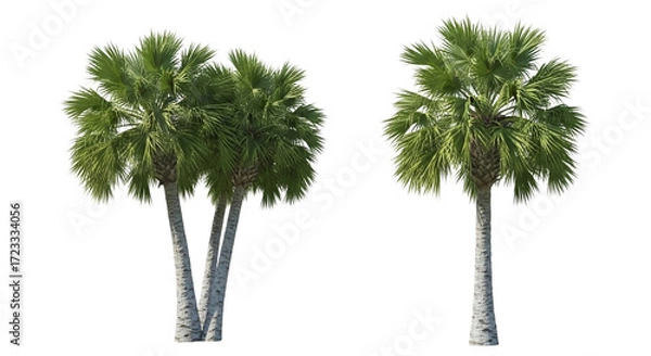 Fototapeta Two lush green palm trees stand tall against an isolated on transparent background, showcasing their tropical beauty and elegance