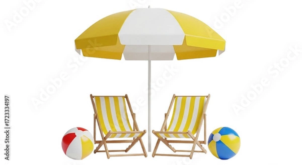 Fototapeta Beach scene with umbrella, chairs, and balls isolated on transparent background, perfect for summer vacation and relaxation themes