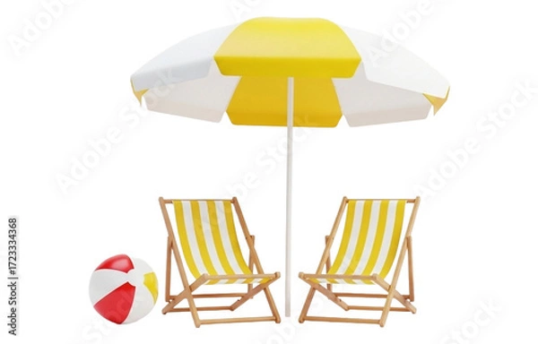 Fototapeta Beach scene with umbrella, chairs, and ball isolated on transparent background, perfect for summer vacation relaxation theme