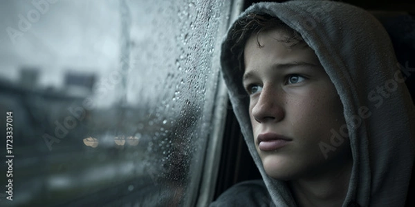 Obraz Cinematic emotional portrait of a melancholic teen boy on rainy train. Hyper-realistic close-up of a teenage boy in a hoodie staring out a rainy train window, lost in thought. Generative Ai.